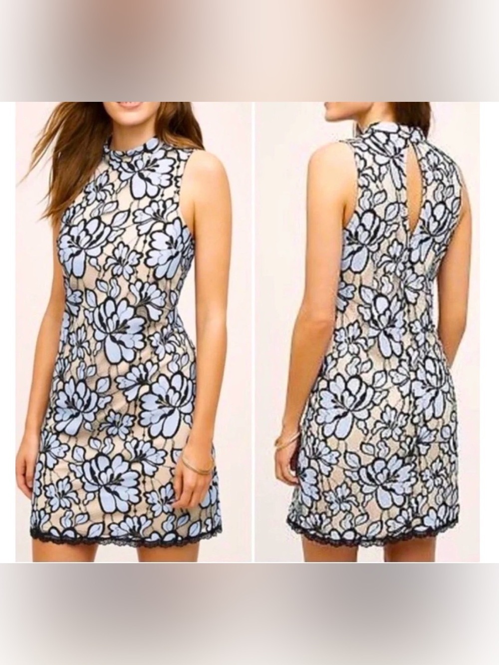 Plenty by Tracy Reese Lin Lace Floral Lace Overlay Mock Neck Mini Dress